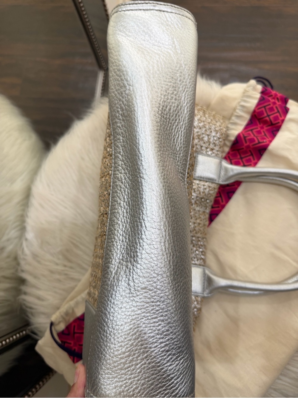 Tory Burch Ella Metallic Straw Raffia Tote Natural Silver Leather - Picture 5 of 7